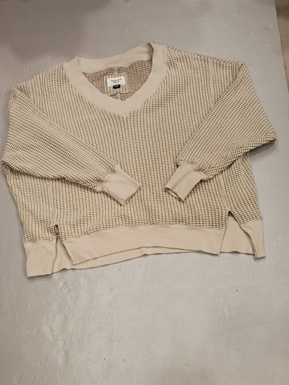 American Eagle Oversized Cream Textured V-Neck Waffle Sweater